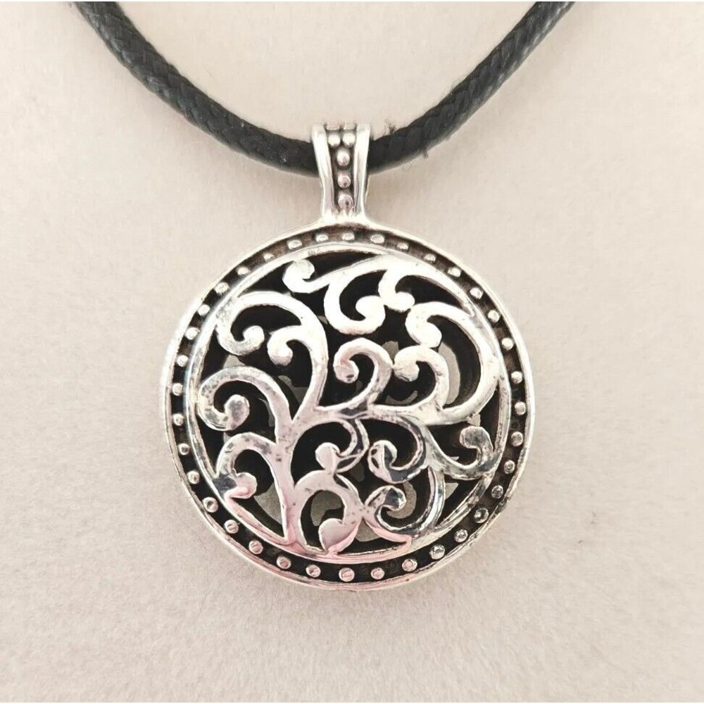 Large Sterling Silver 925 Filigree Circle Pendant 17" Cord Necklace